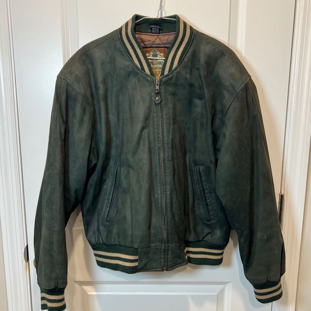 Expressions Worldwide Mens Leather Bomber Jacket Green Striped Trim Size M 38-40